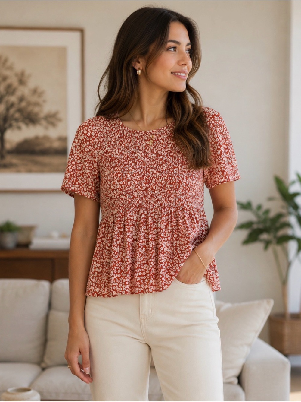 2/$20 Urban Romantics Rust Floral Smocked Peplum Blouse Size Large Boho Top